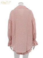 Clacive Fashion Loose Stripe 2 Piece Sets Women Outfit 2025 Elegant Long Sleeve Shirt With High Waist Ruffle Shorts Set Female - Image 6