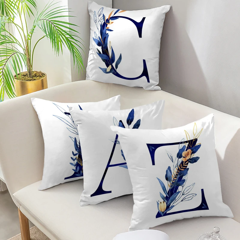 Simple Blue Leaf Alphabet Print Cushion Case 26 Letters Decoration Pillows Case Sofa Chair Livingroom Polyester Throw Pillowcase
