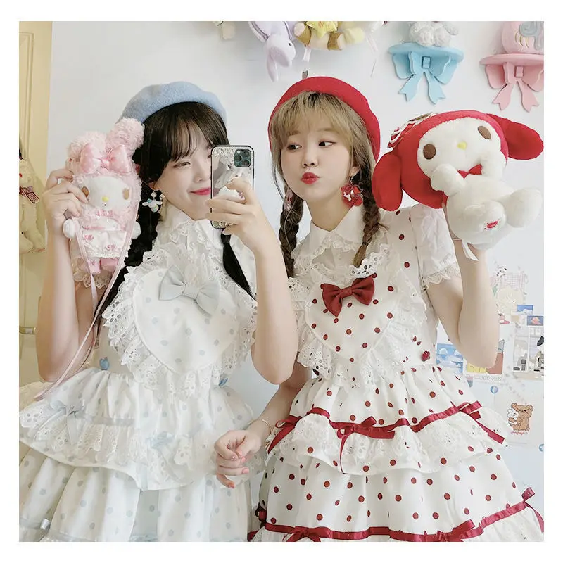Summer Lolita JSK Dress Sweet Lolita Strap Dresses Cute Sweet Love Polka Dot Soft Girl Soft High Waist Ruffle Dress