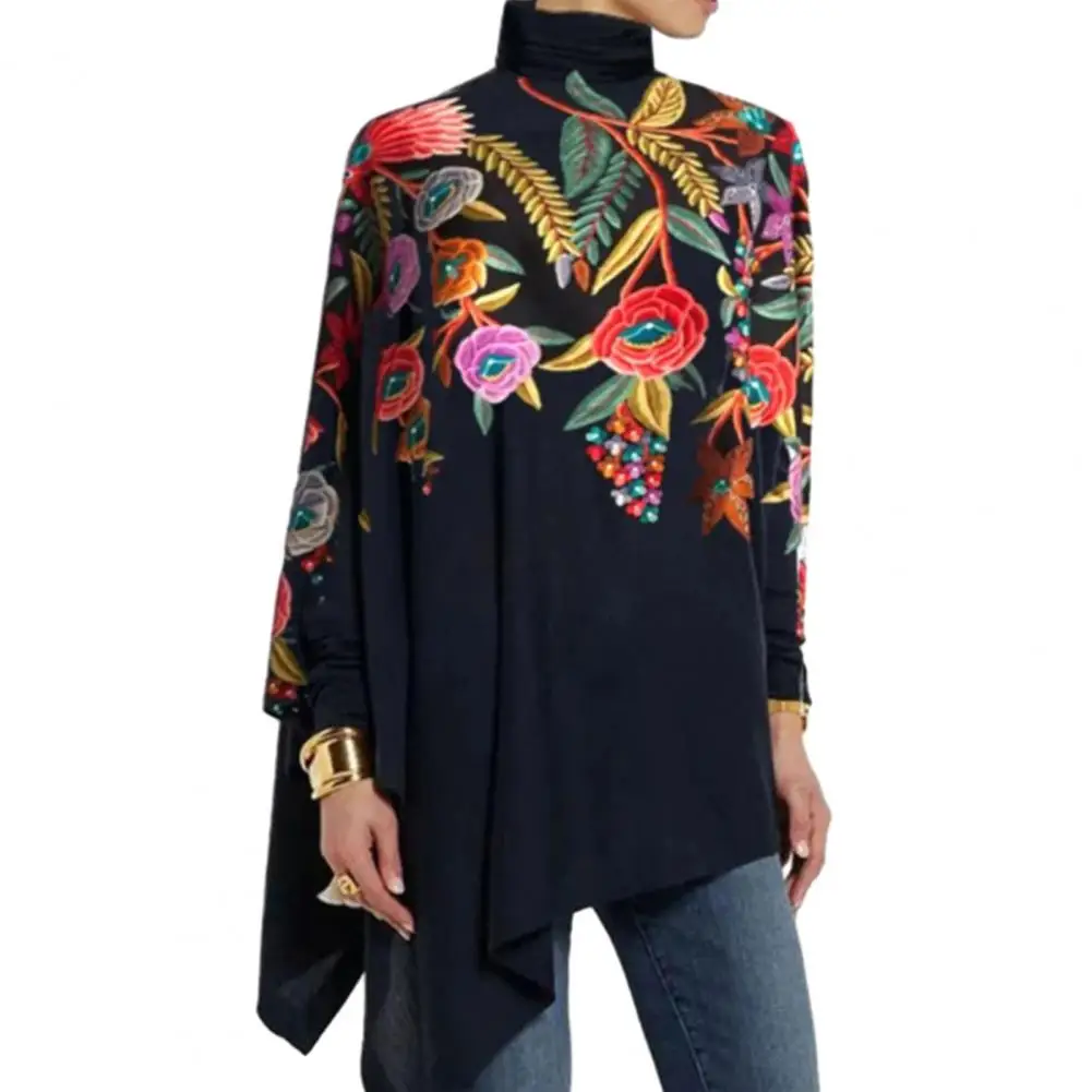 

Irregular Hem Loose Fit Shirt Colorful Artistic Print High Collar Women's Blouse with Irregular Hem Long Sleeves Soft Casual