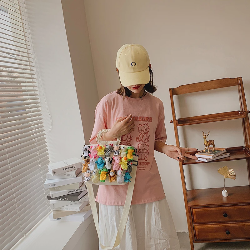 Funny Doll Bags for Women Trend 2024 Cartoon Cute Canvas Tote Bag Fashion Casual Handbags Party Beach Bucket Shoulder Bag Woman