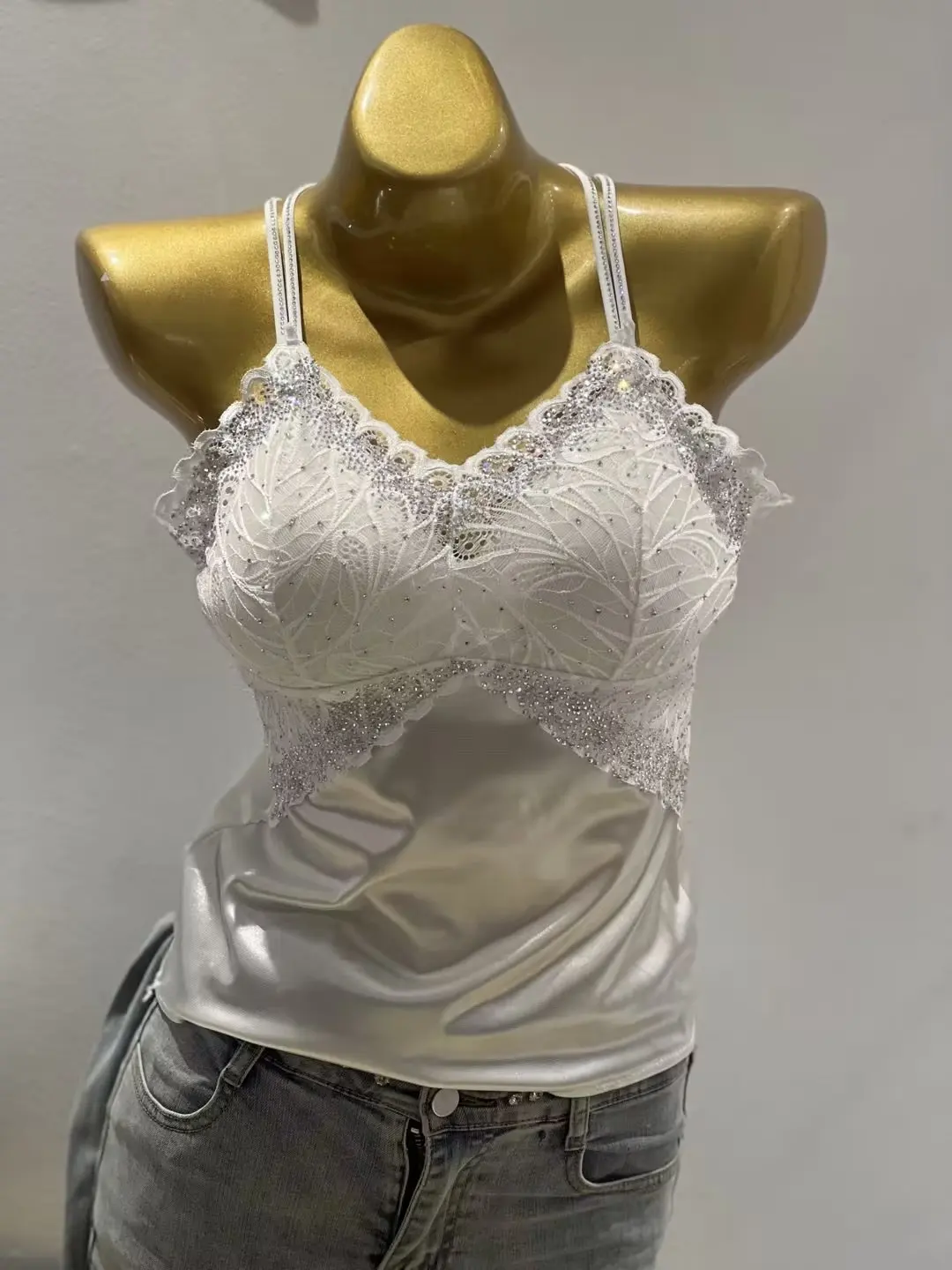 

Padded Bra Women's Suspender Vest Women White Tank Top Women Rhinestones Camis