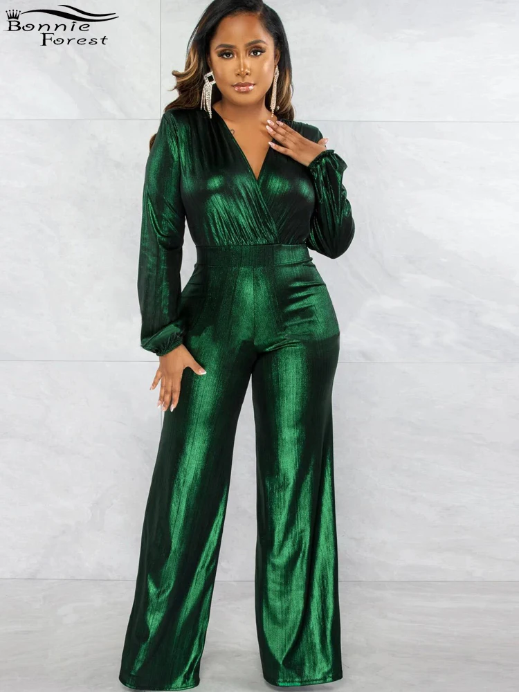 

Bonnie Forest Glitter Deep V Neck Metallic Jumpsuit Fashion High Waisted Long Sleeve Rompers Wide-Leg Overalls Festival Outfit