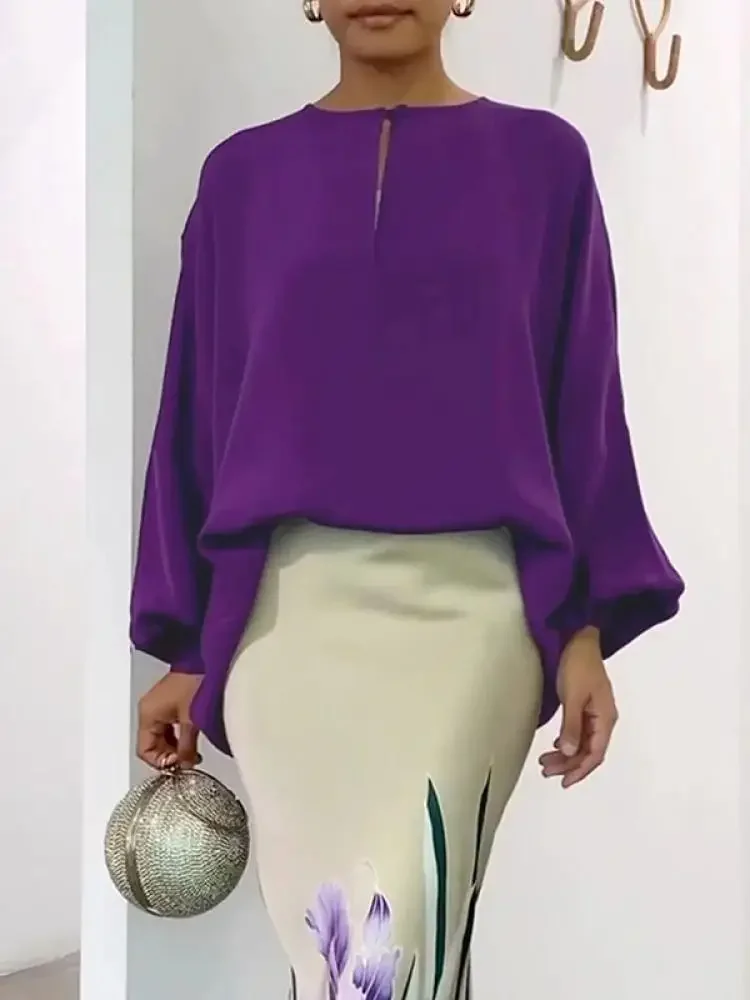 Loose Purple O Neck Print Cozy Cotton Knit Top Summer ML3352