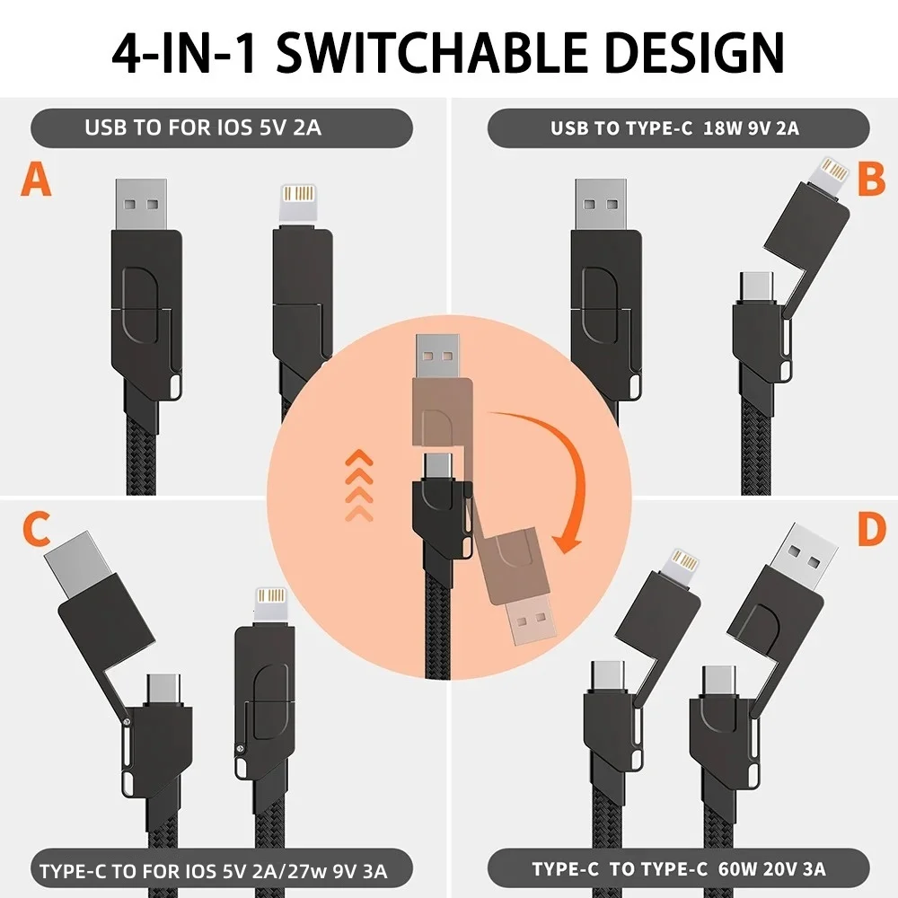 4-in-1 Keychain Charging Cable PD27W QC 60W Fast Charger for iPhone IOS Android Type-C Multi-Device Portable Data Cable