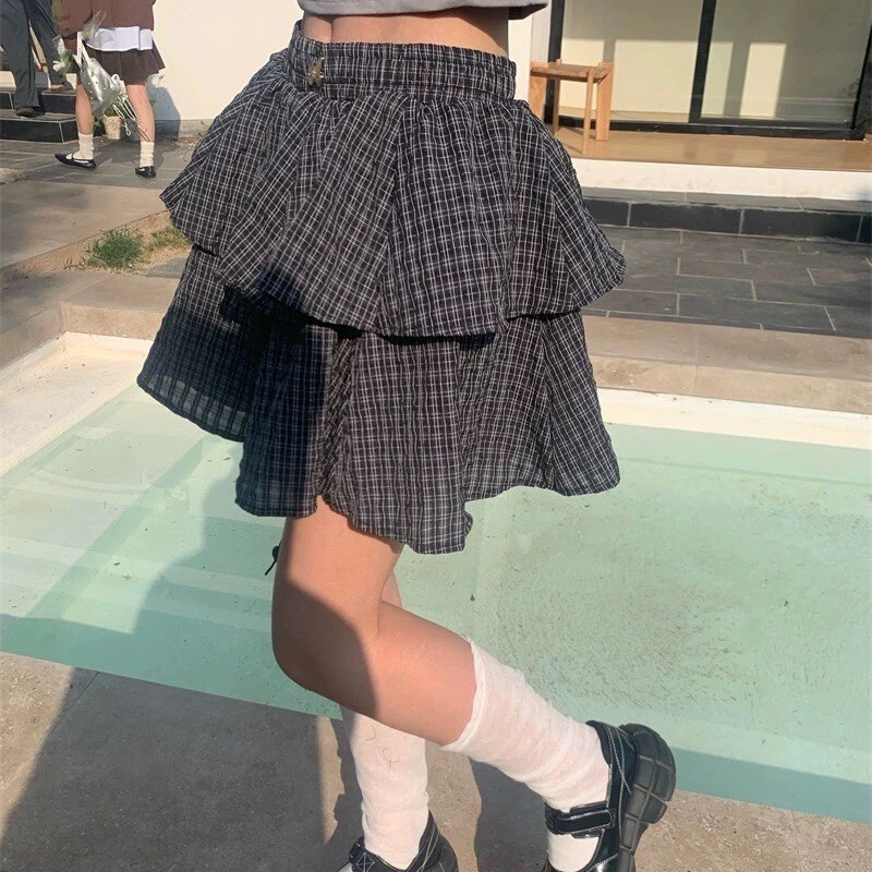 Deeptown Rüschen Plaid Minirock Frauen Kawaii Preppy Style kurze Röcke geschichtet süße süße koreanische Mode lässig Straßen rock