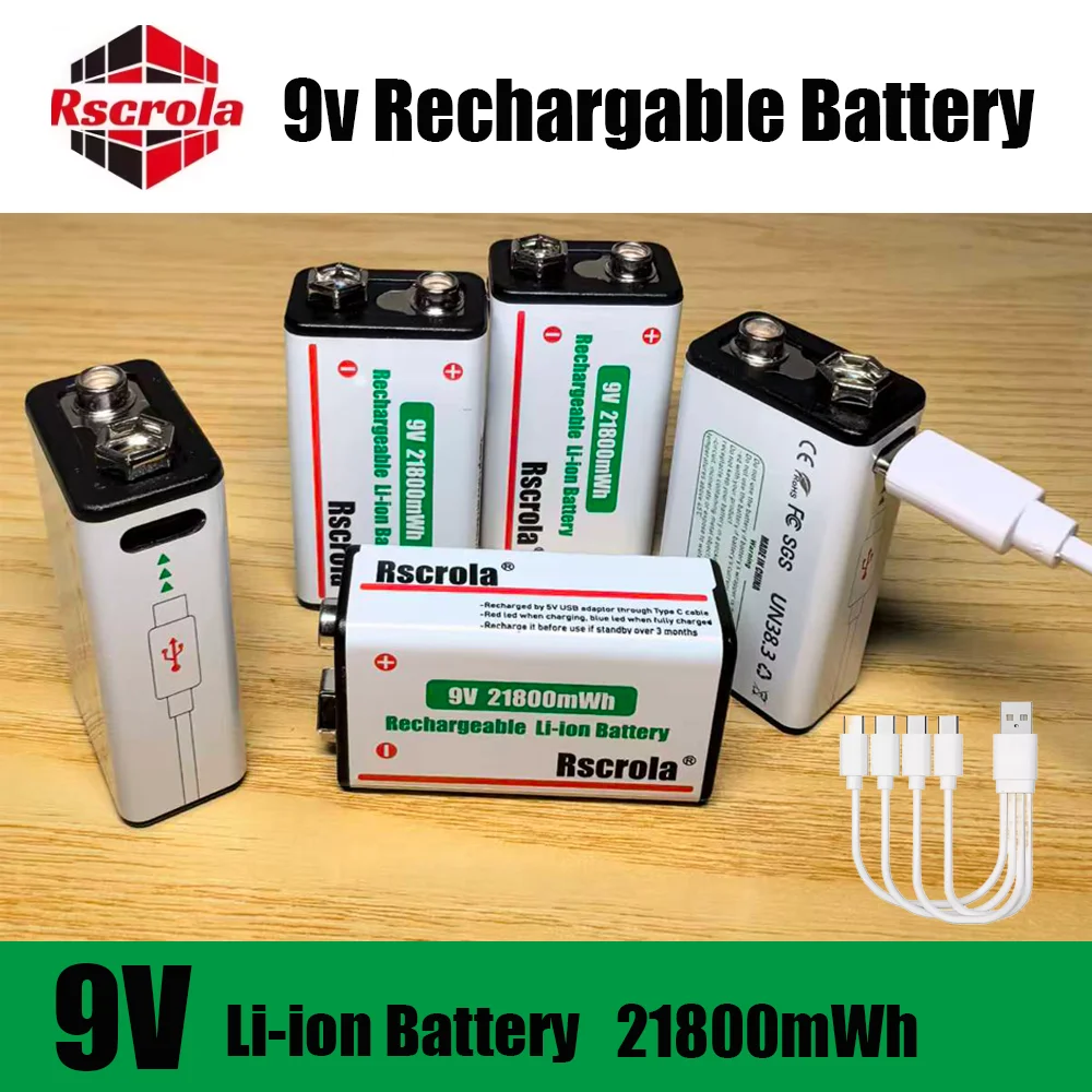 Batteria ricaricabile agli ioni di litio da 9 V di tipo C 21800 mWh ad alta capacità per pedale rilevatore di fumo per microfono per chitarra con cavo - Image 2