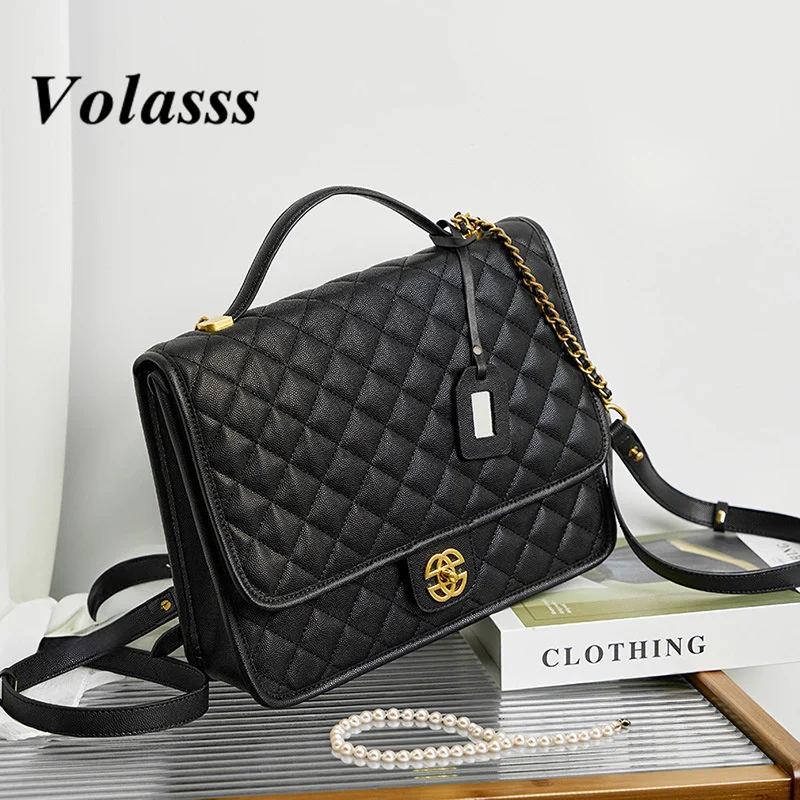 

VOLASSS New Luxury Chain Student Backpack Fashion Commuter Cowhide Bags Women Genuine Leather Rhombic Lattice Handbag Ladies