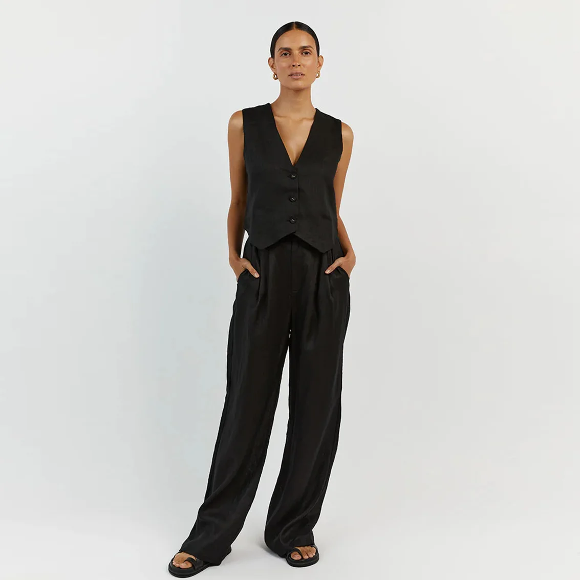 Casual Women 2 Piece-Set Straight Legg And Sleeveless Top Vestidos Sets Slim V-Neck Summer Pocket Fashion Trousers Sets