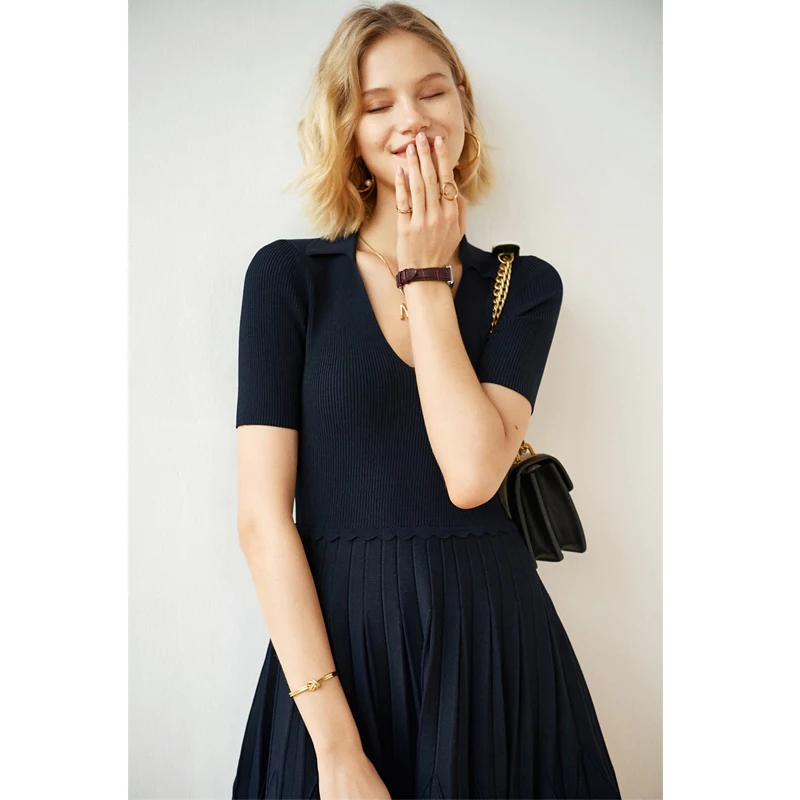 IOO Navy Women V-neck Pleated Skirt Slim Fit Knitted Mini Dress French Pairs Brand High Quality Brand S