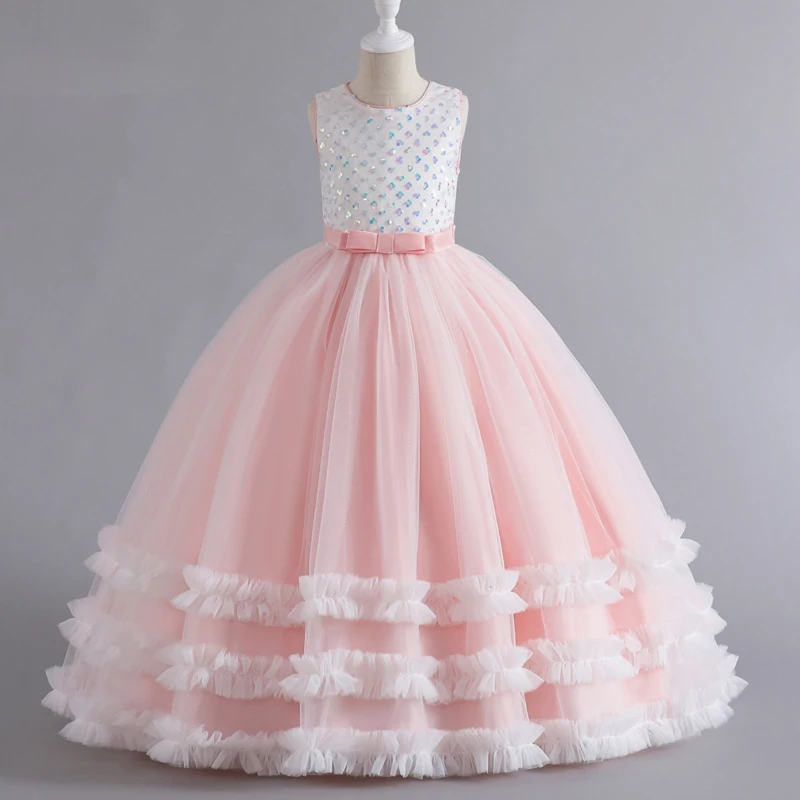 

Girl Kids Sequin Sleeveless Evening Dress Simple Bow Floor-Length Training Performance Dresses Children First Communion Gown