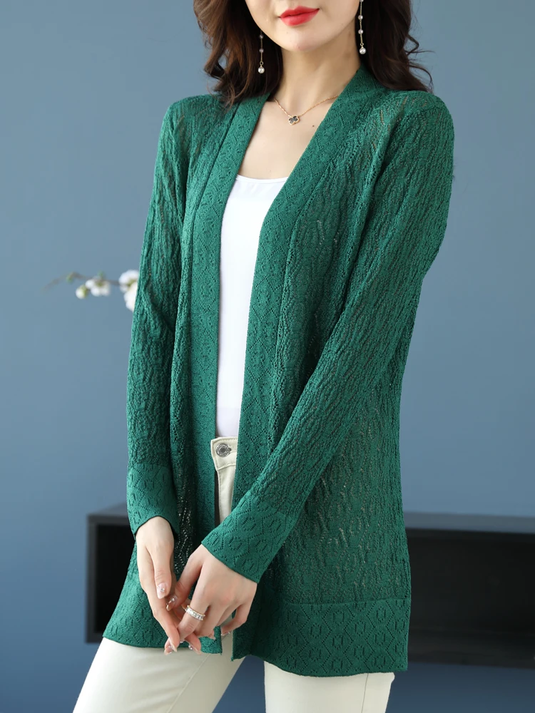 

Solid Female Cardigans Sweater Spring Summer Long Sleeve Hollow Knitted Sweaters Women Long Cardigan
