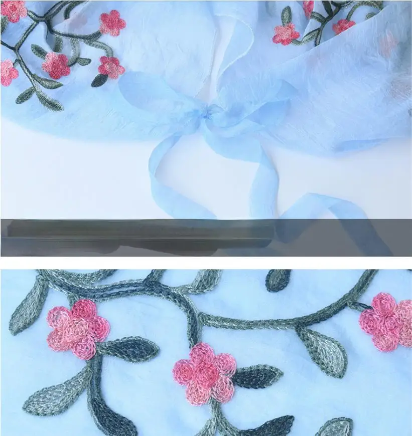 Women Long Casual Embroidered Floral Sun Protection Sleeves Beach Shawl Shirt Chiffon Driving Scarf Arm Warmers