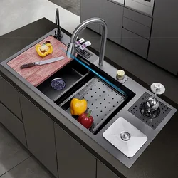 Stainless Steel Kitchen Sink Waterfall Sink With Trash Can Multi -function Large Single Slot Household Wash Basin Washing Pond