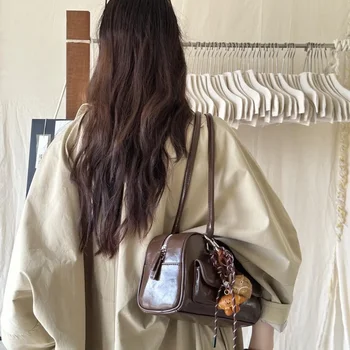 حقيبة يد من جلد البولي يوريثان باللون الأسود والبني مع حقيبة مزدوجة ذات سعة كبيرة وحقيبة كتف واحدة للإبط حقيبة يد كلاسيكية للنساء للاستخدام اليومي 5