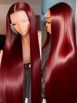 99J Burgundy Red Lace Front Wig 13x4 Transparent Lace Brazilian Straight Human Hair Wigs Pre Plucked With Baby Hair For Women 1