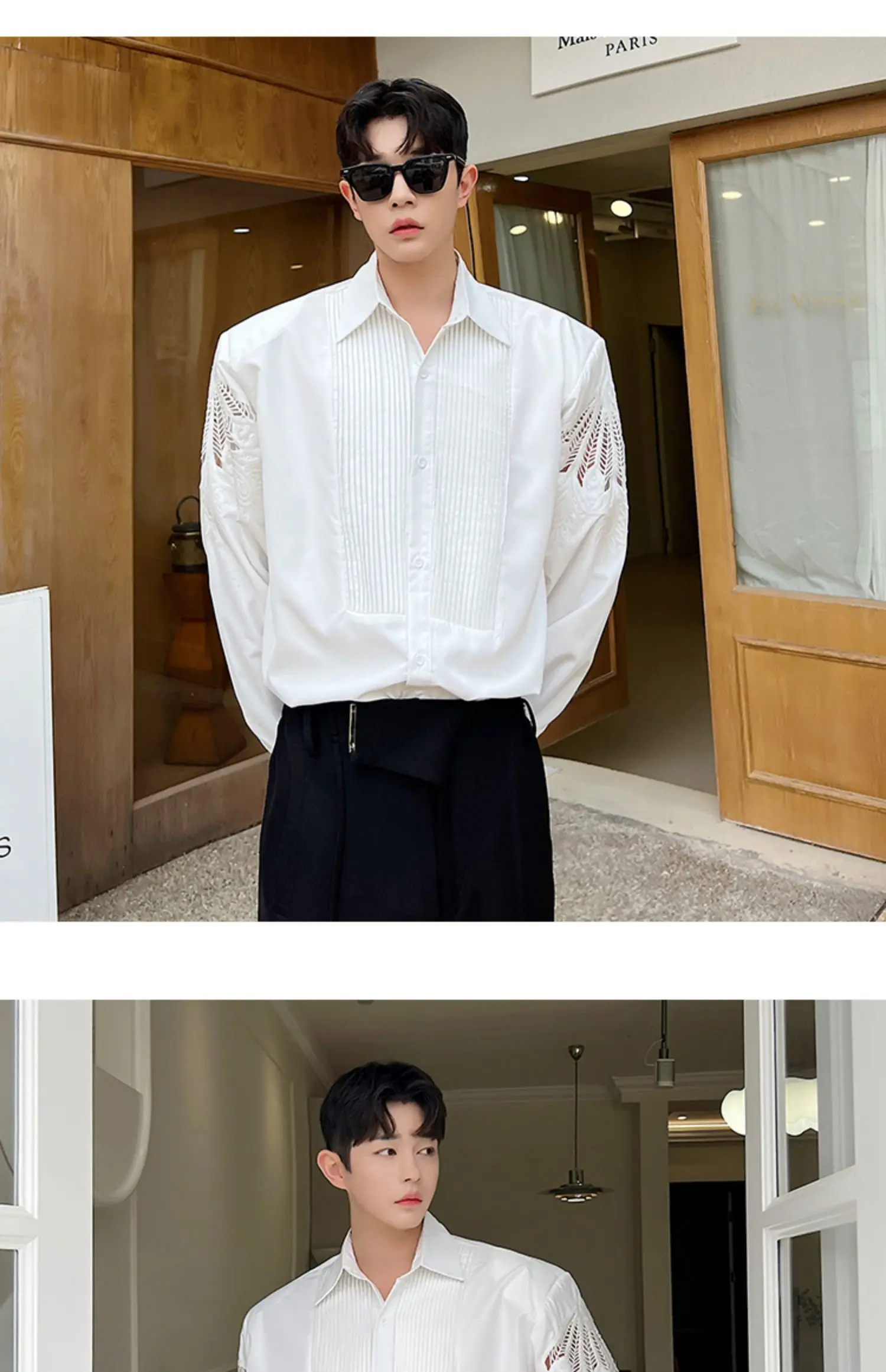 Description Picture 5 of itemSenior Embossing Hollow Sleeve Men Blouse Elegant Shirts Pleated Stitching Office Work Business Formal Tops Design Streetwear