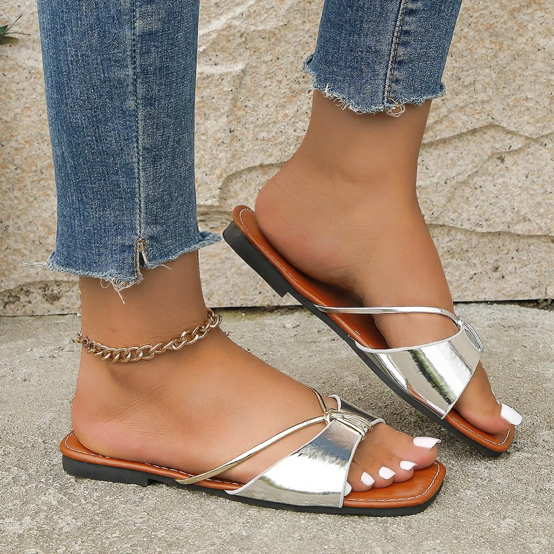 

Шлепанцы женские кожаные, Нескользящие, без застежки, открытый носок, плоская подошва, удобные пляжные тапочки, лето 2024