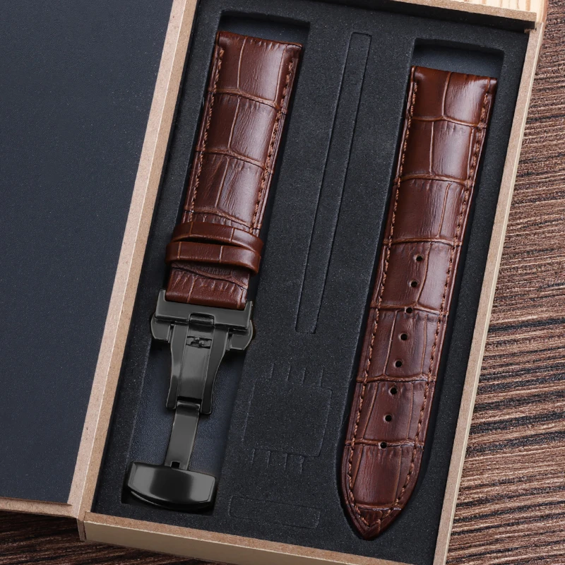 Luxury Genuine Cowhide Leather Watch Strap with Butterfly Clasp and Gift Box