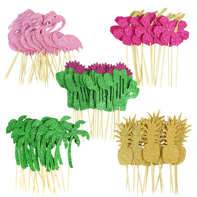 10pcs Hawaiian Party Cupcake Toppers Flamingo Trees Luau Summer Tropical Party Cake Decoration Birthday Party Wedding Supplies