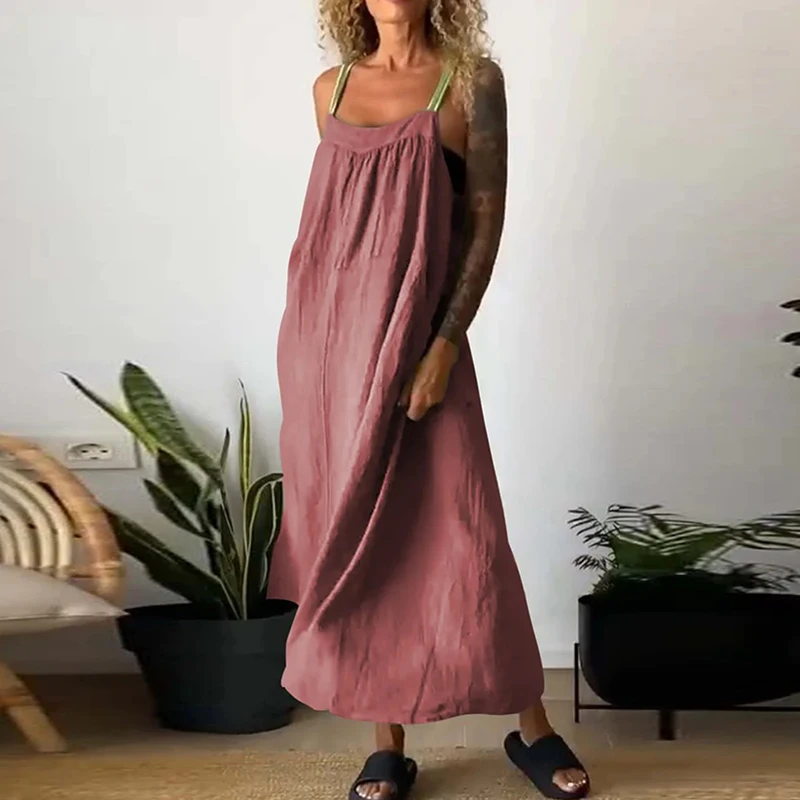 

Women Contrasting Colors Beach Dress Summer Casual O Neck Loose Holiday Dress Fashion Simple Sleeveless Cotton Linen Sling Dress