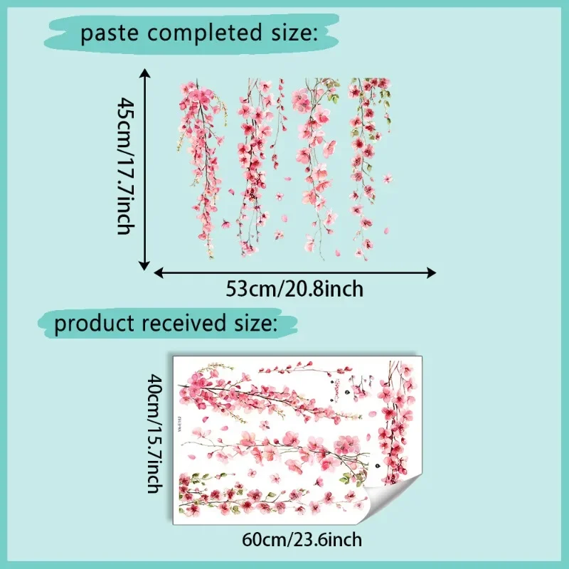 Pink Watercolor Vine Wall Sticker, Self-Adhesive Decal for Bedroom, Living Room, Entryway, 40x60cm Floral Home Decor