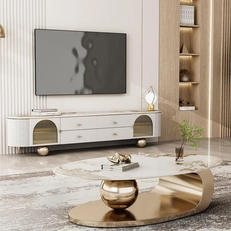 Contemporary Home Oval Gold Top Center Table Metal Living Room Furniture Modern Luxury Marble Slate Coffee Table
