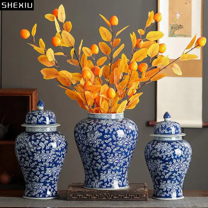 

Flower Branches Texture General Tank Tea Canister Candy Pots Blue and White Porcelain Ginger Jar Desk Decoration Flower Vase