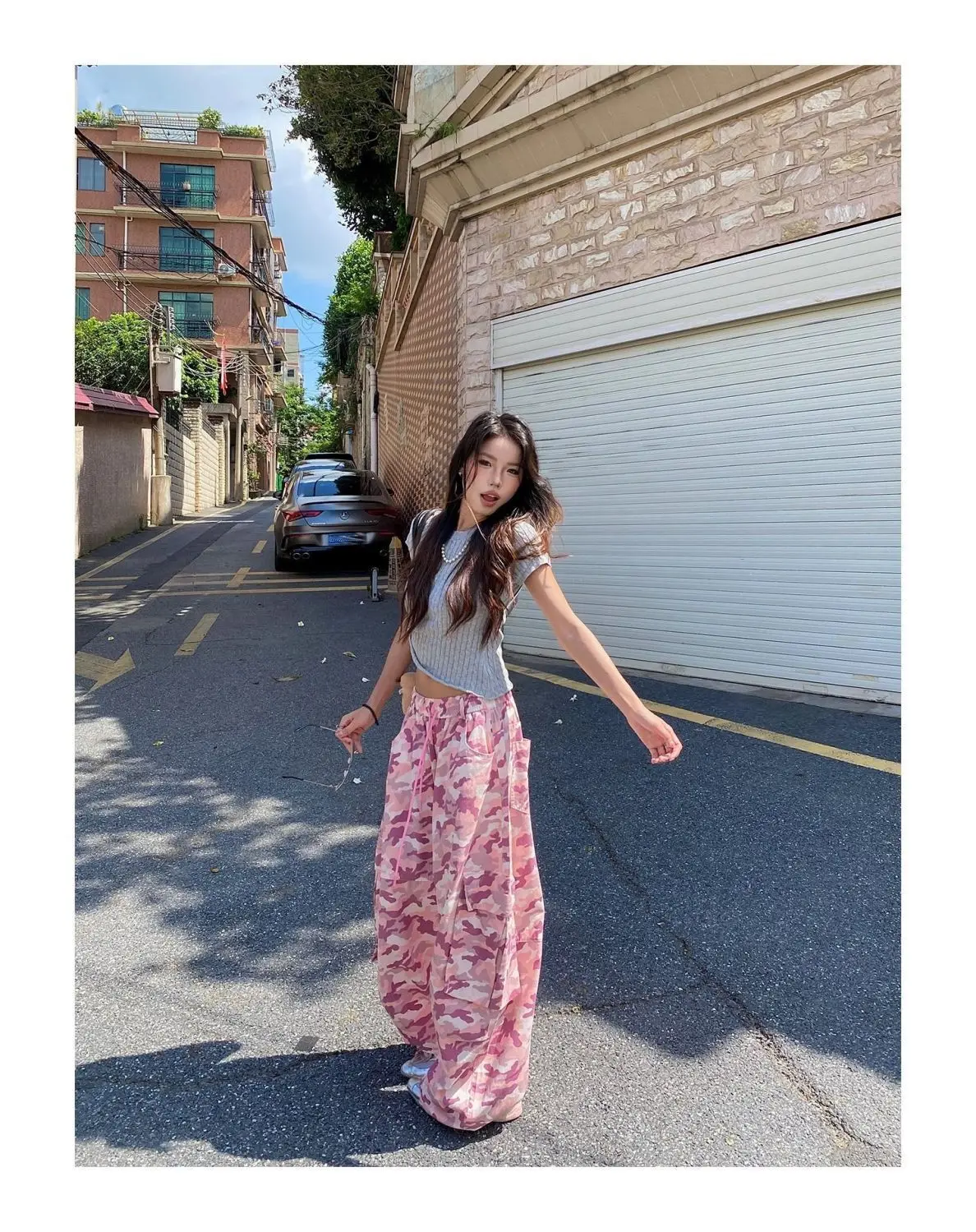Unique Pink Camouflage Cargo Pants High Waisted Wide Leg Casual Streetwear with Drawstring Waist & Side Pockets Hip Hop Dance