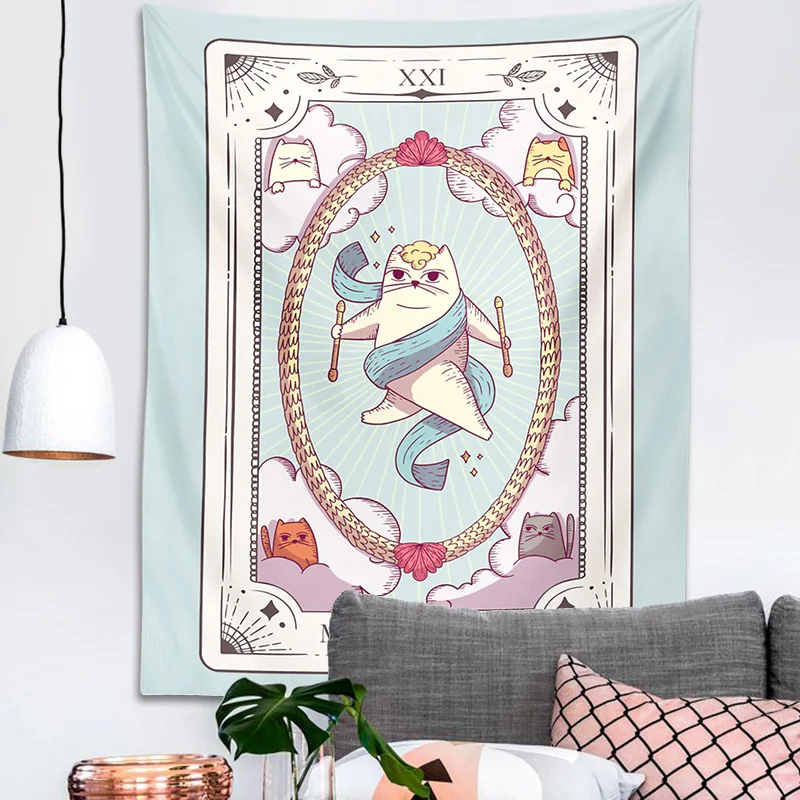 Cute Cat Tarot Tapestry Wall Hanging psychedelic decoration Witchy Boho sun moon Star Tapestries Living Room Kids Room Bedroom tapestry decorations