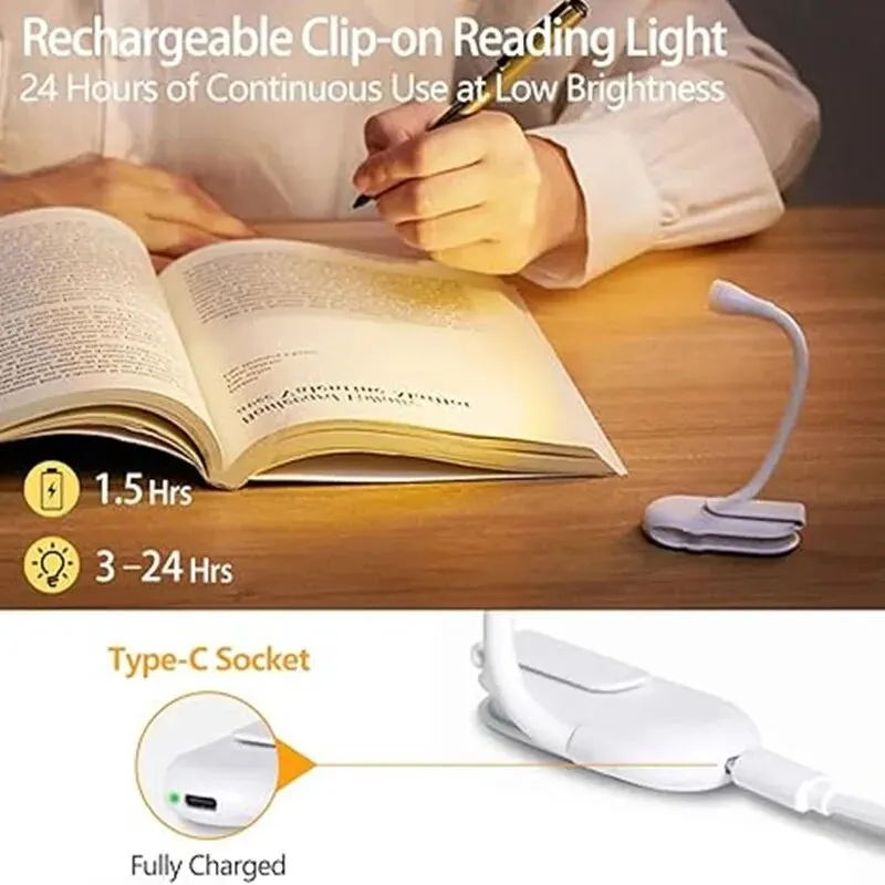 Mini LED Book Night Light Adjustable Clip 360&deg; Flip Study Eye Protection Lamp Rechargeable 3 Color Travel Bedroom Reading