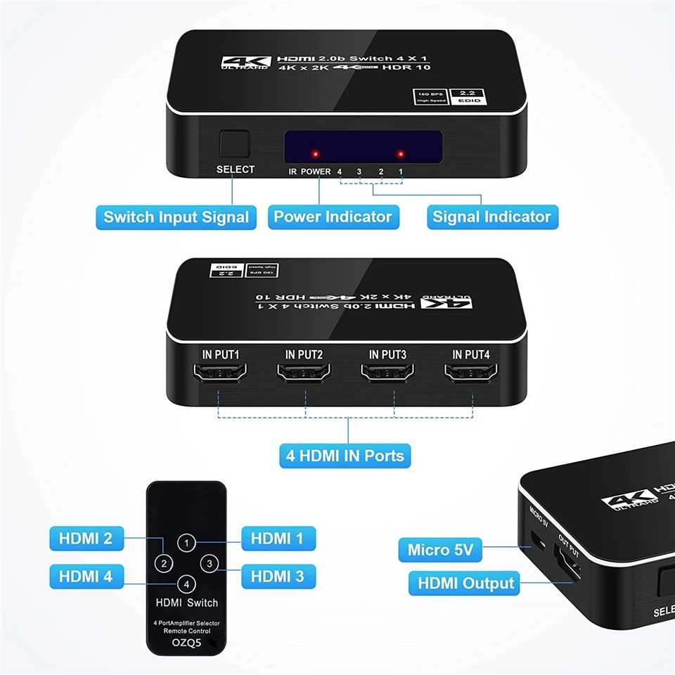 Remote HDMI Switcher 4K 60Hz 4 Port HDMI Switch 4 input 1 output HDMI Splitter A