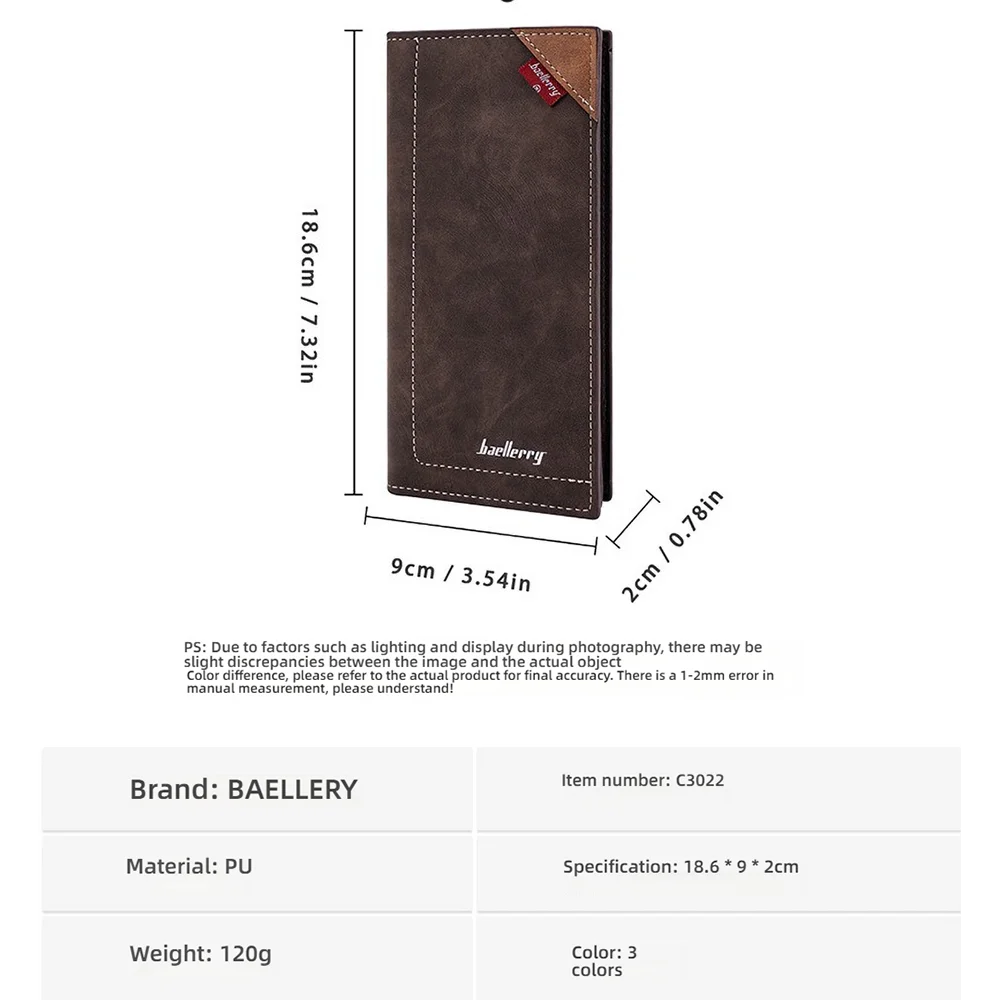 Baellerry Professional RFID Men Wallet, Long Bifold PU Leather Multi-Card Organizer Slim Suit Pocket Fit