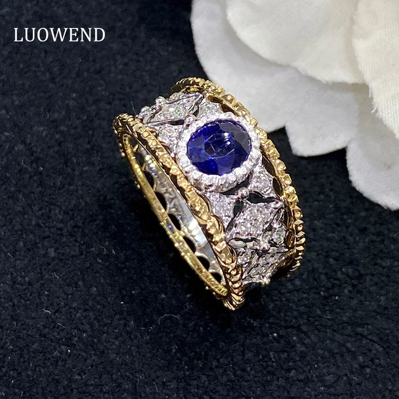 LUOWEND 18K White and Yellow Gold Rings Real Natural Sapphire Vintage Palace Style Exquisite Party Jewelry for Wife Anniversary