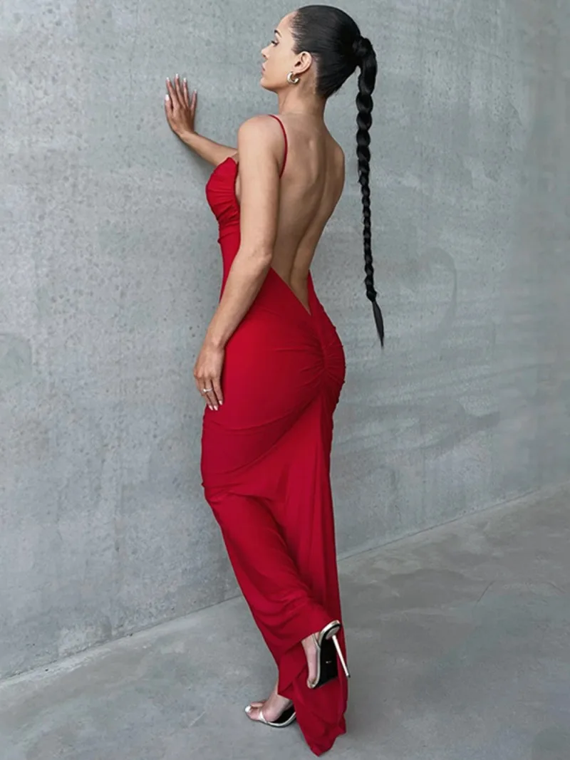 Elegant Chic Backless Long Maxi Slip Dresses Women 2024 Summer Fall Sleeveless Slash Neck High Waist Tunics Bodycon Party Dress