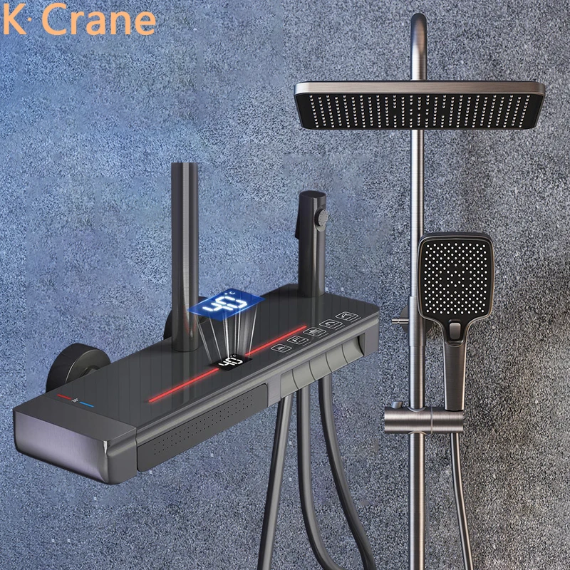 ชุดฝักบัวอาบน้ำน้ำในห้องน้ำพร้อมไฟ LED ดิจิตอล, ระบบฝักบัวอาบน้ำร้อนเย็นปรับอุณหภูมิได้ติดตั้งบนผนังหรูหรา 1