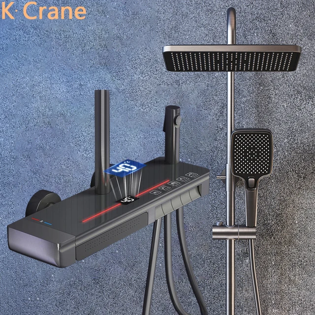 ชุดฝักบัวอาบน้ำน้ำในห้องน้ำพร้อมไฟ LED ดิจิตอล, ระบบฝักบัวอาบน้ำร้อนเย็นปรับอุณหภูมิได้ติดตั้งบนผนังหรูหรา 1