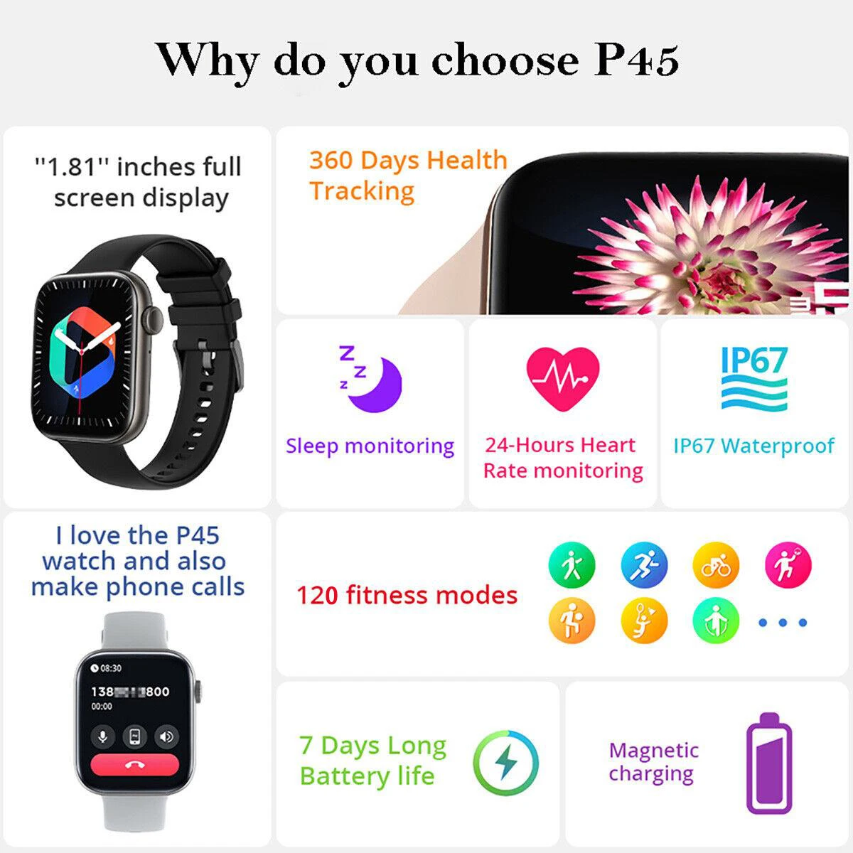 P45 New Smart Watch HD 1.81 inch Bluetooth Calling Watches Men Women Heart  Rate Sleep Monitoring Fashion Smartwatch Android IOS