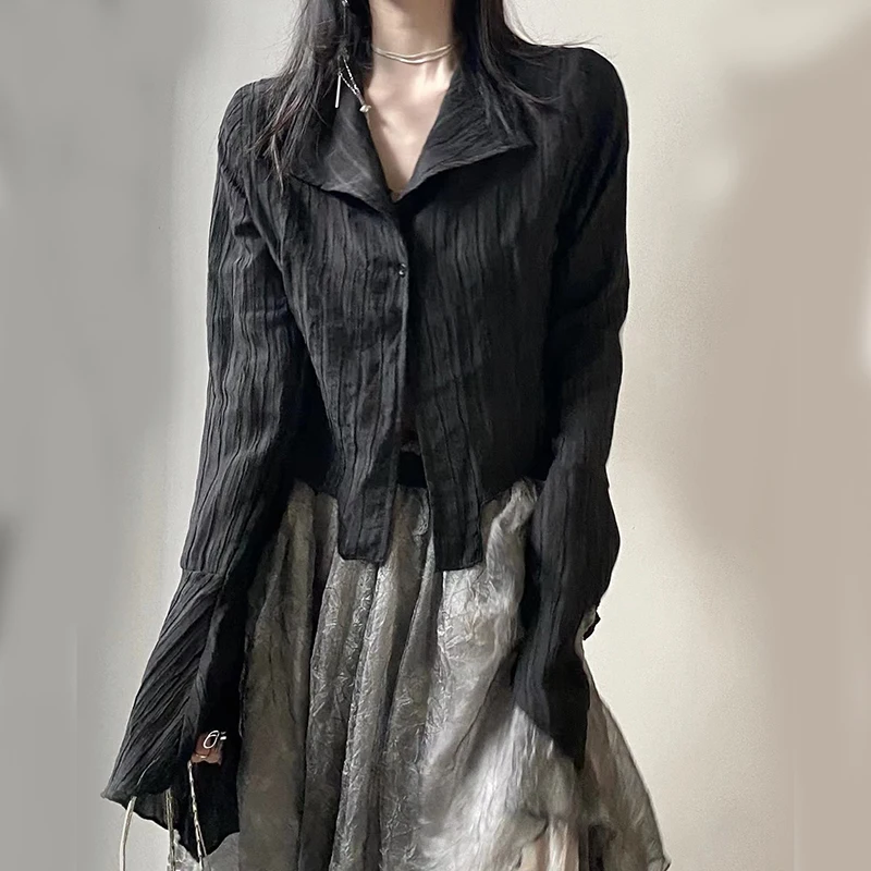 Harajuku Dark Academic Shirt Women Streetwear Vintage Y2K Blouse Sexy Gothic Long Sleeve Irregular Female Spring New Tops