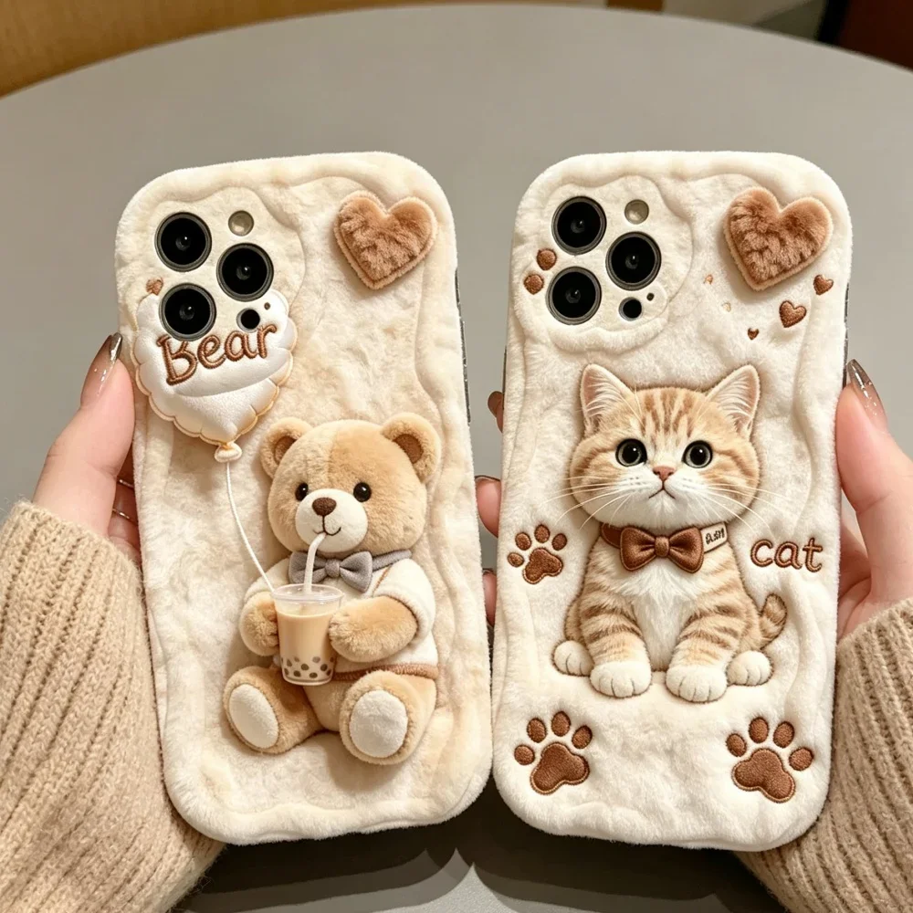 Adorable Plush Bow Tie Bear Cat Phone Case