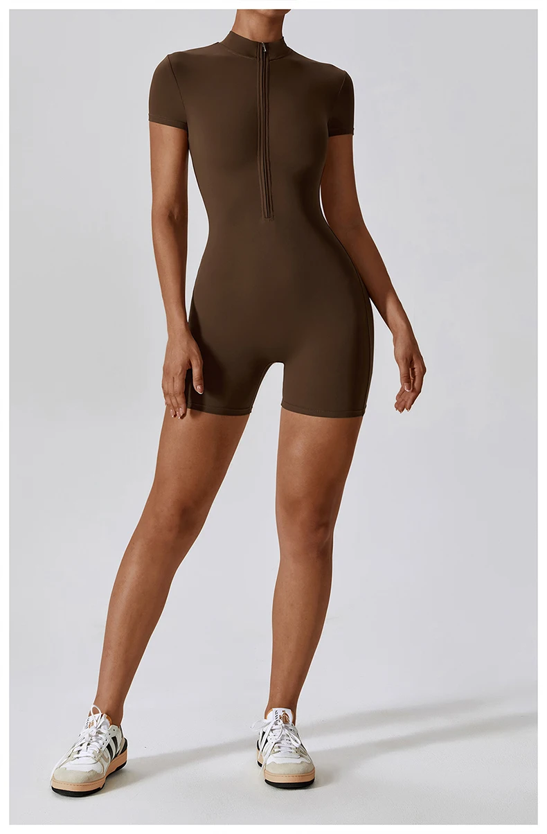 Damen Sommer Gym Jumpsuit Einfarbig Dehnbar Weich Einteiliges Yoga-Set Atmungsaktiv Slim Fit Workout Lauf-Kurzanzug Sportbekleidung – Detail 6