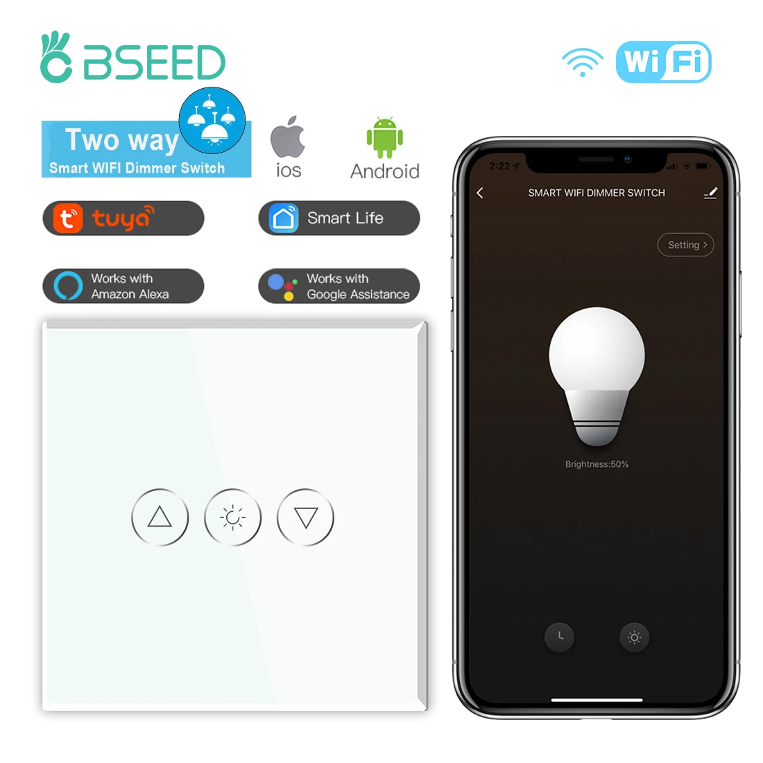 Bseed-wifi Dimmer Interruptor Inteligente Aplicativo Controle Multi Regulável Luz Led Interruptor de Toque na Parede Alexa Google Home Tuya Painel de Vidro 3way