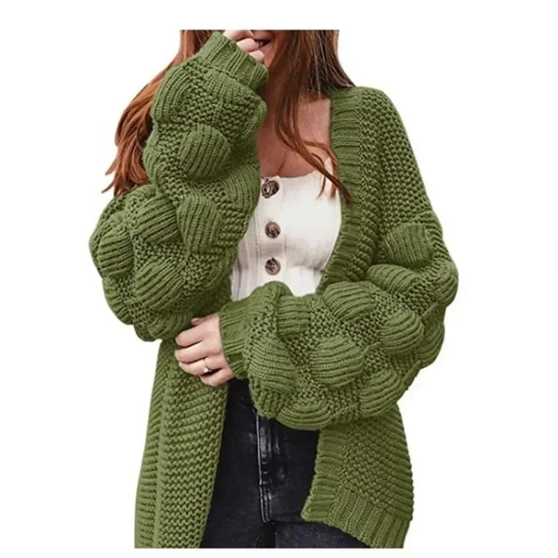 

European and American Lantern Sleeves Large Sweater Women's Coat 2023 Autumn/Winter New Loose Coarse Knitted Cardigan