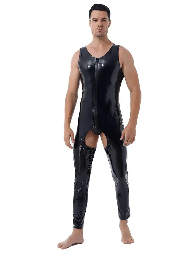 S-7XL Sleeveless Wet Look PVC Catsuit Shiny PU Leather Open Crotch Bodysuit Tights Sexy Leotard Conjoined Hot Shapers Jumpsuit Cosplay Costume Latex Lingerie Women Bondage Lingerie