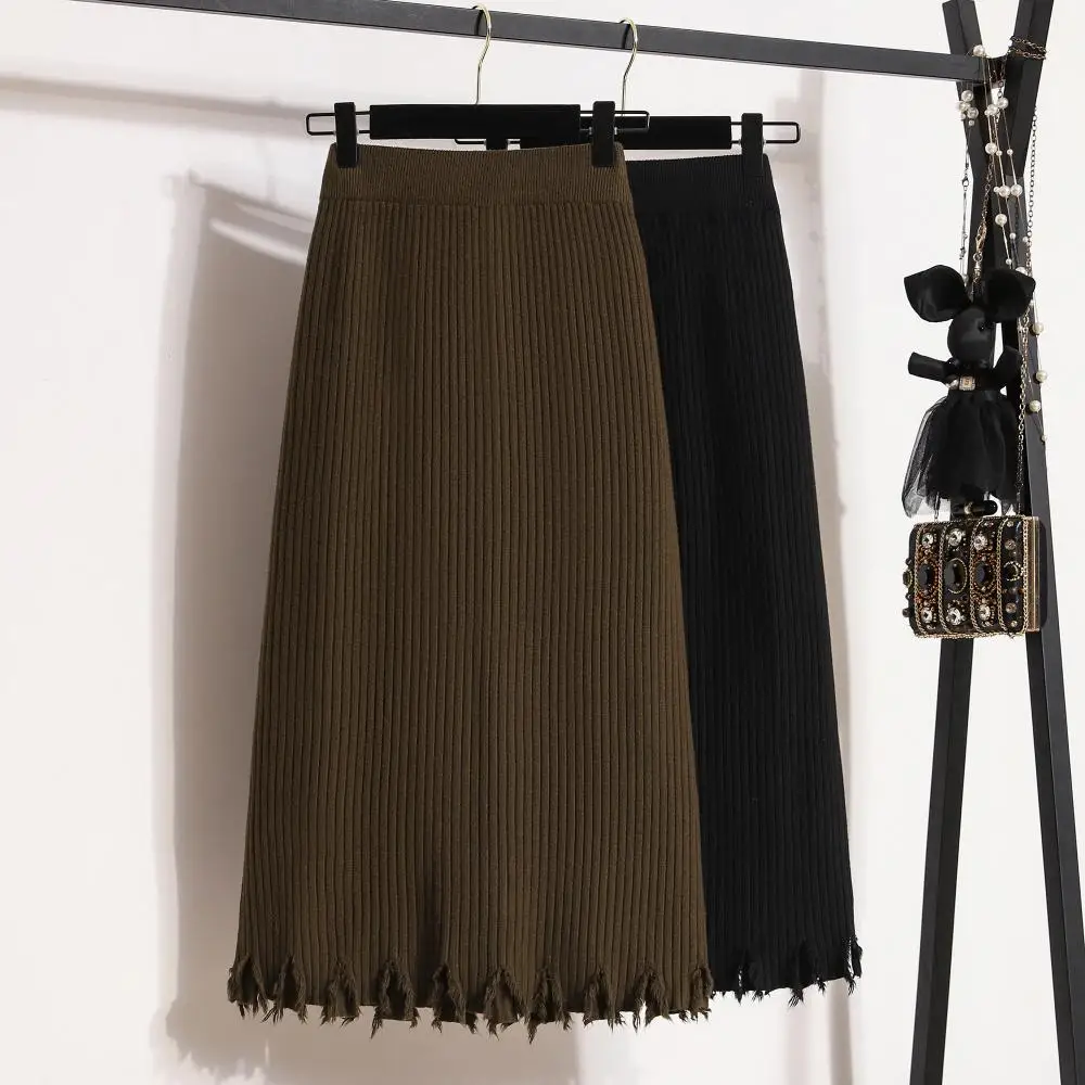 

Black Knitted Long Tassel Elegant High-Waisted Women'S Spring Autumn Winter Skirts Korean Style Fashion 2022 Harajuku Clothes