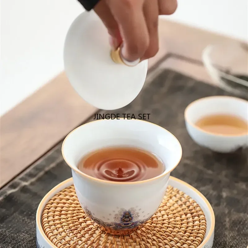 Chinese white porcelain covered bowl pot handmade ceramic household tea bowl portable tea pot