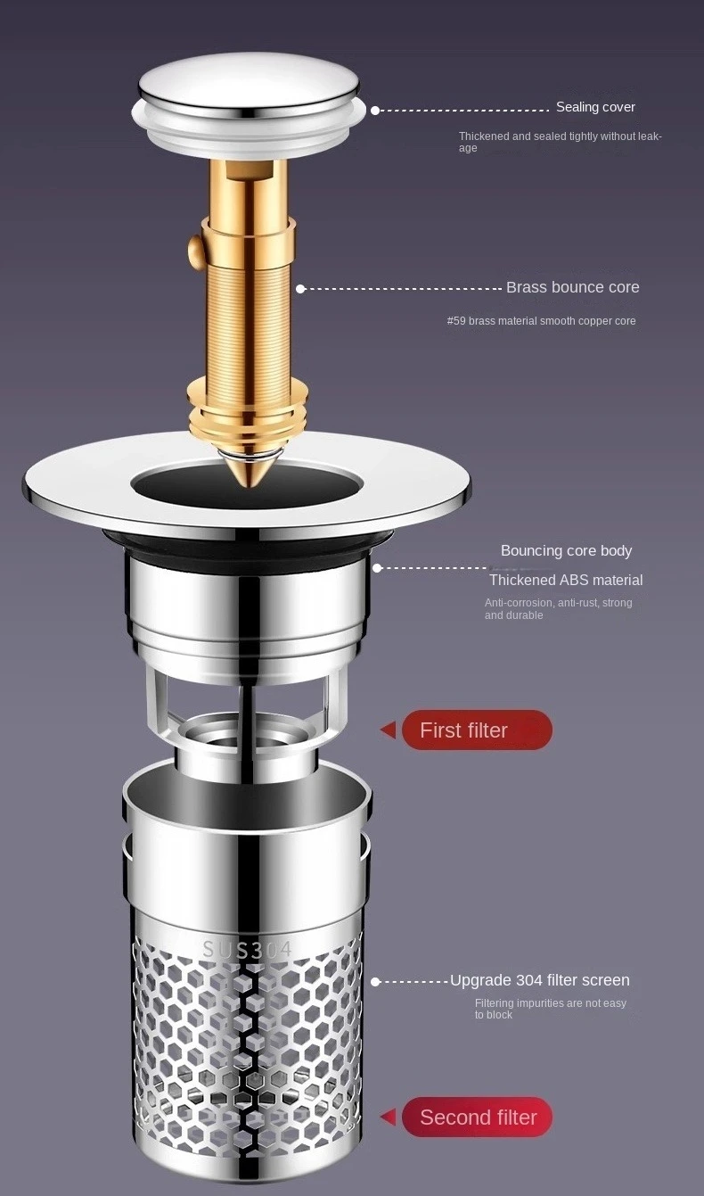 Description Picture 5 of itemWashbasin Drain Filter Pop-Up Bounce Core Stopper Hair Catcher Shower Sink Strainer Kitchen Bathroom Accessory