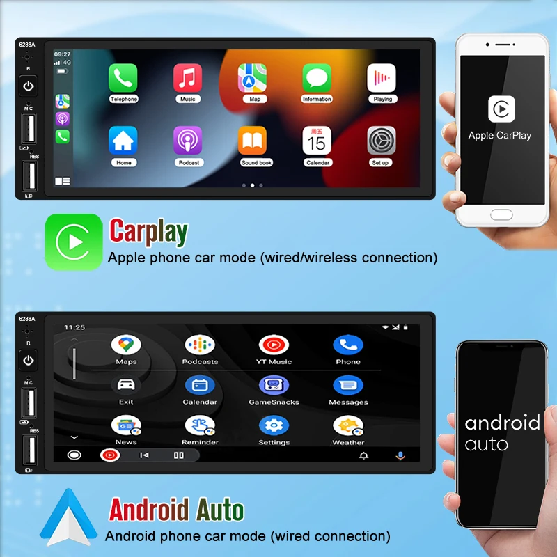 안드로이드 자동차 라디오 유선 카플레이, 안드로이드 자동 와이파이, 블루투스, GPS, FM, USB, HD 터치 스크린, MP5 플레이어, 카메라 포함, 1 Din, 6.86 인치