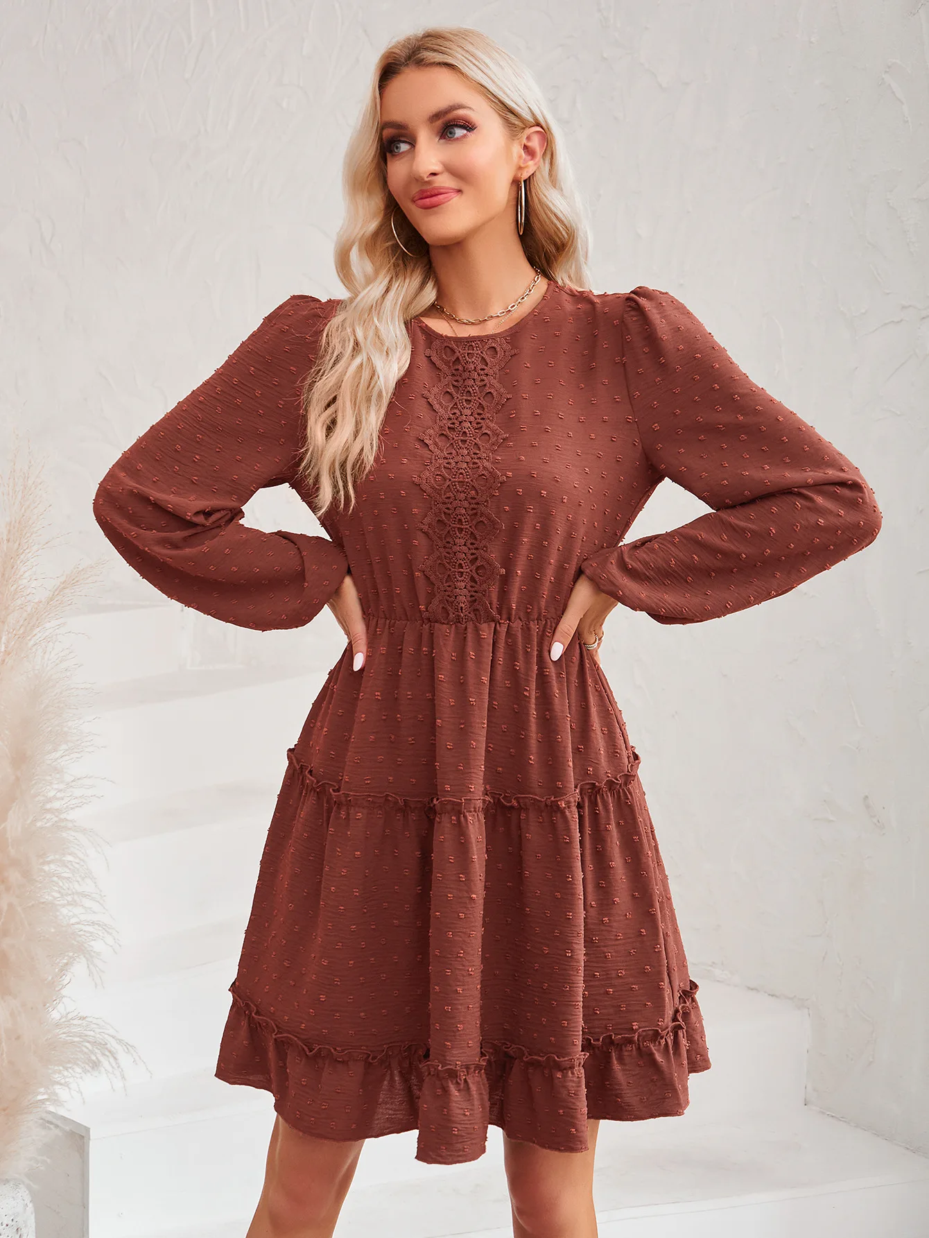 

Fashion Autumn and Winter New Women's Clothing 2023 Casual Round Neck Solid Color Waist Lace Dress Vestidos De Fiesta