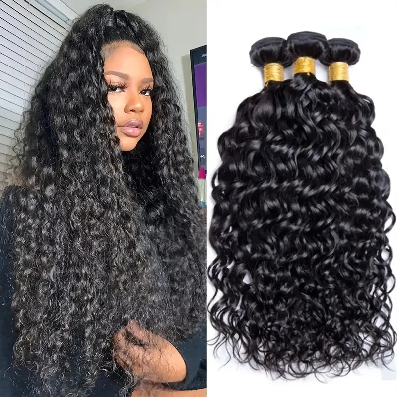 Water Wave Human Hair 4 Bundles Blackmoon Unprocessed Human Hair Natural Black Color Double Drawn Weft Extensions for Women